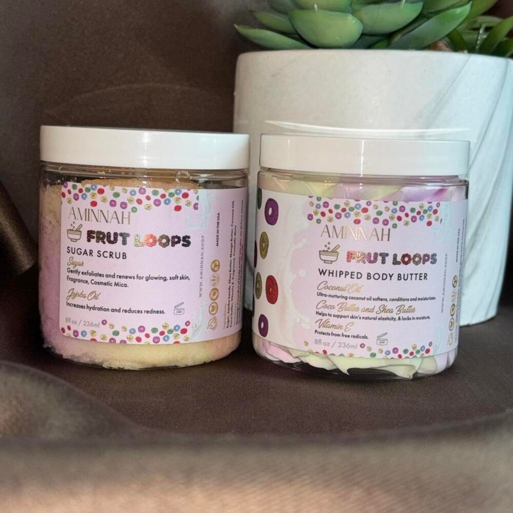 Aminnah fruit loops sugar scrub and body butter set